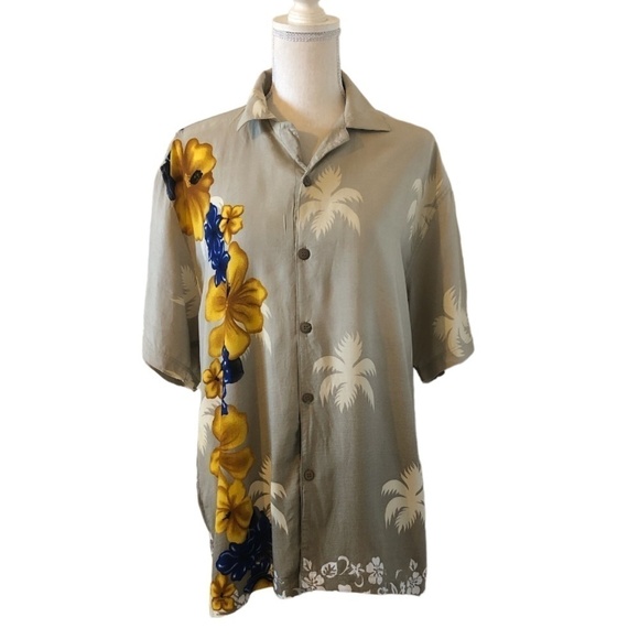 Vintage WINGO Button Shirt Men's Large Tan Blue Hawaiian Floral Short Sleeve - Picture 7 of 7